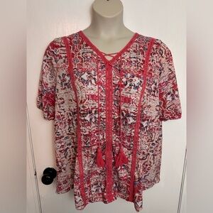 Catherine’s Pink Paisley v neck paisley shirt with tassels tie Size 18/20 #1578